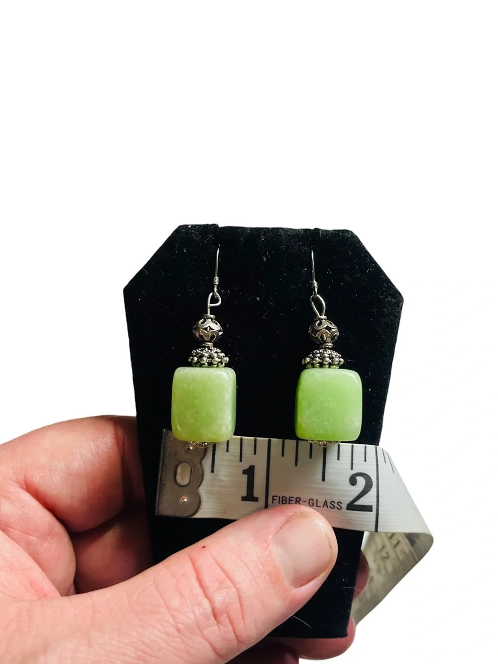 Vtg MCM Sterling Silver 925 Light Green Jade Cube Drop Dangle Earrings 15.8g